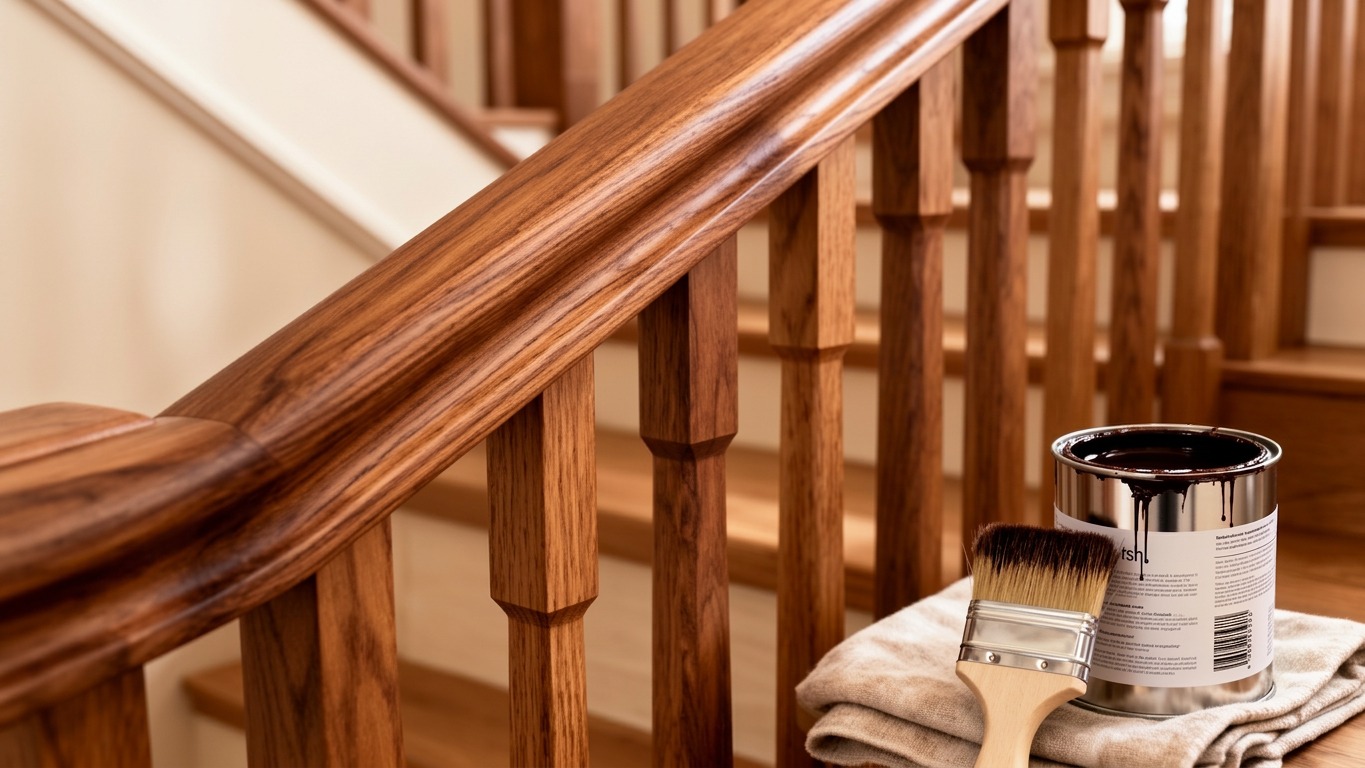 Freshly stained oak staircase with rich warm grain